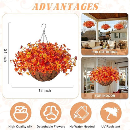 Fake Mums Artificial Fall Flowers with Hanging Baskets Outdoors for Decoration Faux mums for outdoor planters Daisy Flower with Eucalyptus Leaves for Porch Home Patio Balcony and Yard Autumn Decor