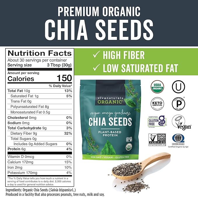 Viva Naturals Organic Chia Seeds, 2 lb (907 g) – Plant-Based Omega-3 and Vegan Protein, Gluten Free & Non-GMO, Perfect for Smoothies, Salads & Chia Pudding