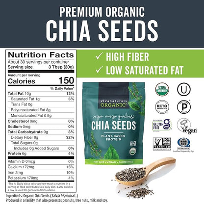 Viva Naturals Organic Chia Seeds, 2 lb (907 g) – Plant-Based Omega-3 and Vegan Protein, Gluten Free & Non-GMO, Perfect for Smoothies, Salads & Chia Pudding