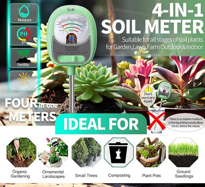 HSLGOVE 4-in-1 Soil Test Kit – Soil Moisture Meter, pH, Fertility & Sun-Light, No Battery Required, Large Dial Soil Tester for Indoor & Outdoor Gardening, Lawn, Farm – BabyGreen