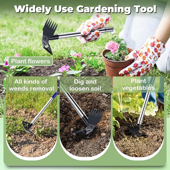 Weed Puller Tool with Long Handle, 60'' Weed Remover Weeding Tool, Heavy Duty 2 in 1 Manual Weed Rake and Garden Hoe, Gardening Weeder Tools for Yard, Lawn, Patio, Garden Blue