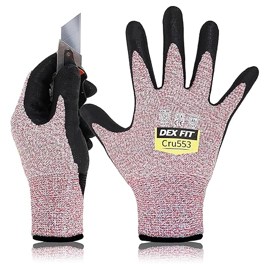 DEX FIT Level 5 Cut Resistant Gloves Cru553, 3D-Comfort Fit, Firm Grip, Thin & Lightweight, Touch-Screen Compatible, Durable, Breathable & Cool, Machine Washable; Red XL (10) 1 Pair
