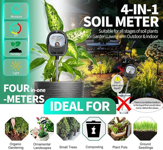 Soil Tester, Soil Moisture Meter/Soil pH Meter/Sun-Light/Fertility for Gardening, Large Dial Soil pH Tester Plant Water Meter for Indoor&Outdoor Garden,Farm Soil Test Kit-MatteBlack