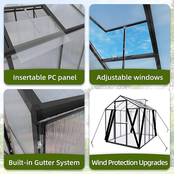 7.2FT High 6*6.2FT Greenhouse for Outdoors,Polycarbonate Greenhouse with Stronger Wind Protection and Roof Vent,Walk-in Large Aluminum Sunroom Winter Proof,Black