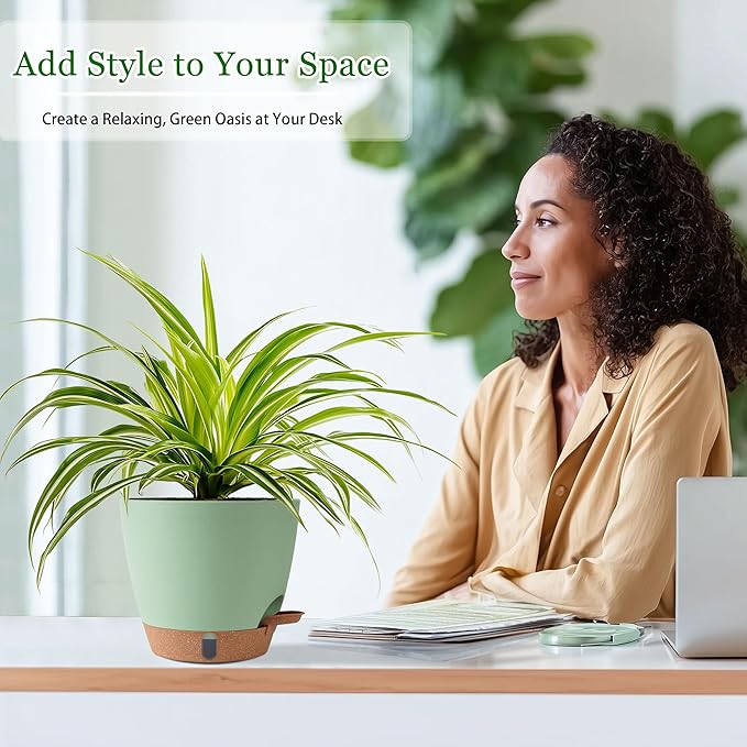 Self Watering Pots for Inoor Ourdoor Plants 10/9/8/7/6.5 Inch Plastic Planters with Drainage Holes & Water Level Indicator, Decorative House Flower Nursery Planting Pots with Saucers (Green)