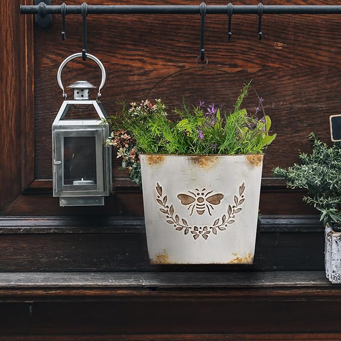 CVHOMEDECO. Farmhouse Wall Mount Metal Flower Pots Rustic Galvanized Bee Flower Holder Wall Hanging Pocket Planter for Indoor, Outdoor and Wall Decor, Set of 2 (Grey)