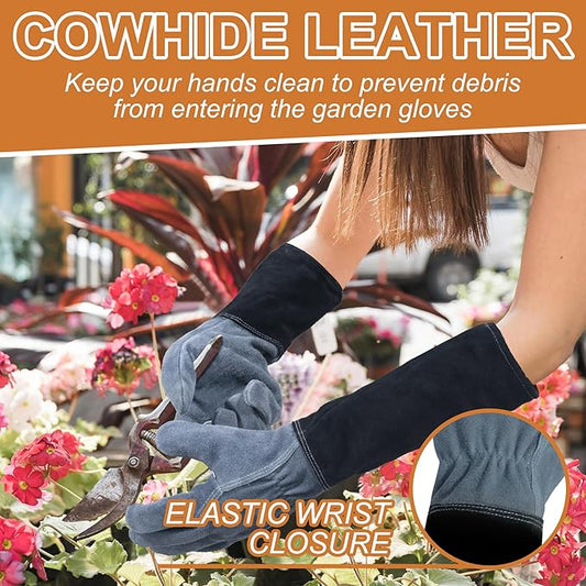 HLDD HANDLANDY Long Gardening Gloves, Leather Thorn Proof Rose Pruning Glove for Men & Women, Great Gift for Gardener