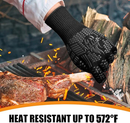 BBQ Gloves, Oven Gloves, Extreme Heat Resistant Barbecue Gloves, Silicone Non-Slip Oven Mitts, Kitchen Gloves for Cooking, Grilling, and Baking (Black)