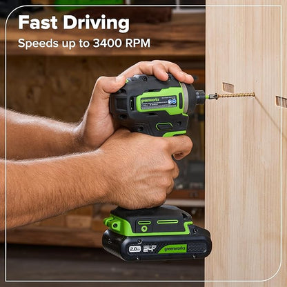 GREENWORKS 24V (4-TOOL) Combo (1/2” Drill + 1/4” Impact Driver + 6.5” Circular Saw + 200Lm Flashlight), 4.0Ah + 2.0Ah Batteries (24,000mAh Power Bank), (2) Braided Cables, 65W Rapid Charger