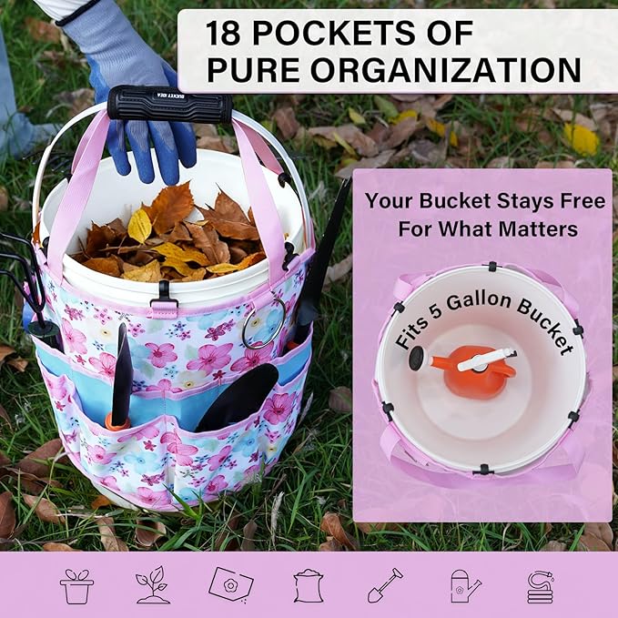 KUNN Gardening Gift for Women Men 5 Gallon Bucket Tool Organizer with 18 Pockets, Heavy-Duty Bucket Buddy Caddy Bag, Garden Tools Organizer Storage with Comfort Grip Handle Pad Attachment,Pink