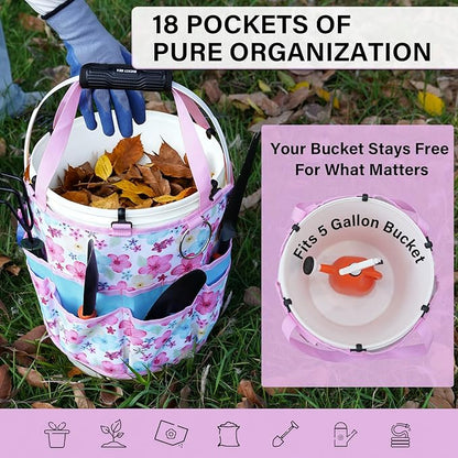 KUNN Gardening Gift for Women Men 5 Gallon Bucket Tool Organizer with 18 Pockets, Heavy-Duty Bucket Buddy Caddy Bag, Garden Tools Organizer Storage with Comfort Grip Handle Pad Attachment,Pink