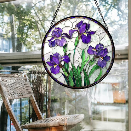 Stained Glass Window Hanging - Purple Iris Flower Sun Catcher for Door Terrace Garden Home Decor, Green Plants Suncatcher Birthday Gifts for Lovers Women Men Dad Mom Nana 6.3 in