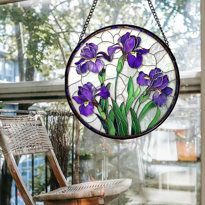 Stained Glass Window Hanging - Purple Iris Flower Sun Catcher for Door Terrace Garden Home Decor, Green Plants Suncatcher Birthday Gifts for Lovers Women Men Dad Mom Nana 15 in