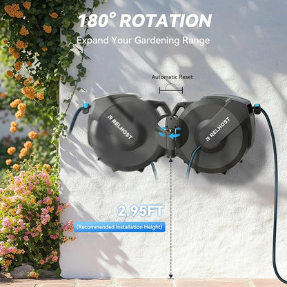 Retractable Garden Hose Reel 120 ft x 1/2 in, Heavy Duty Hose Reel Wall Mount with Any Length Lock, Slow Return System, 180° Swivel Bracket, 10-Pattern Garden Hose Nozzle, Dark Grey