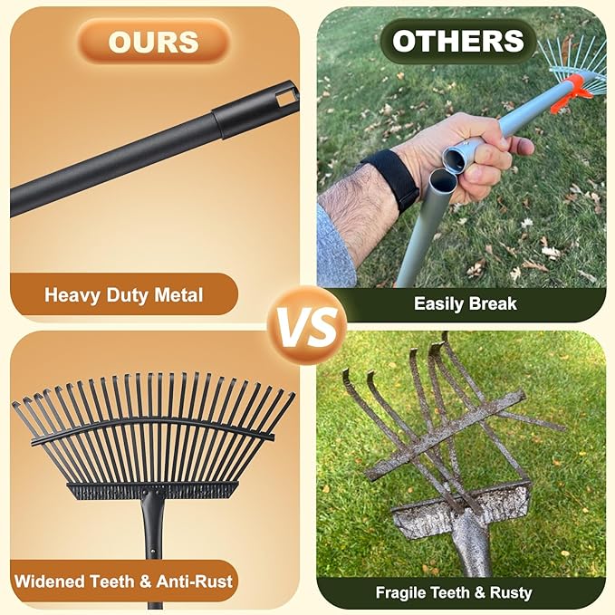 Rake with Leaf Scoops Garden Leaf 25 Tines Lawn Leveling Tool, Heavy Duty 64.1 Inch Adjustable Handle Metal Rake for Picking Leaves Grass Garbage, Black