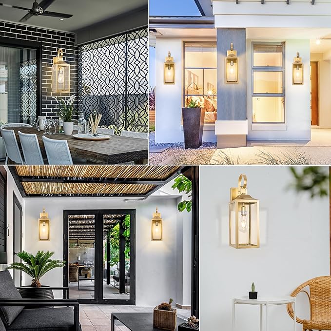 Large Outdoor Wall Lantern 19", Gold Outside Farmhouse Wall Sconce Light Fixture, Industrial Wall Mount Light with Glass, Waterproof Modern Porch Lighting Exterior Lamp for House Garage