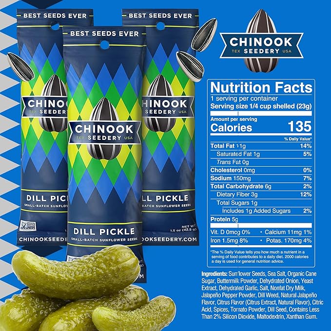 Chinook Seedery Low Sodium Sunflower Seeds – Dill Pickle Flavor, Pack of 36, 1.5oz – Sunflower Seeds to Eat – Keto, Jumbo, Roasted, Baseball Snacks