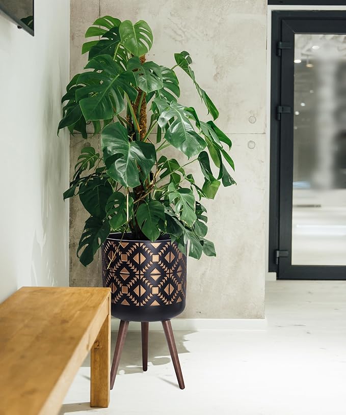 D'vine Dev 14 Inch Planter Pot with Stand, Mid-Century Tall Plant Pot with Legs for Indoor Plants, Bronze/Black, 88-G-D-6