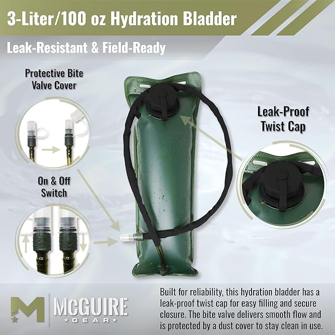 M MCGUIRE GEAR Hydration Bladder, 3L/100 oz. Water Bladder, Leak Proof Hydration Pack, Water Reservoir with Insulated Drinking Tube for Hiking, Cycling, and Biking