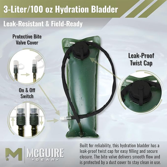 M MCGUIRE GEAR Hydration Bladder, 3L/100 oz. Water Bladder, Leak Proof Hydration Pack, Water Reservoir with Insulated Drinking Tube for Hiking, Cycling, and Biking
