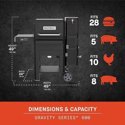 Masterbuilt® Gravity Series® 600 Digital Charcoal Grill and Smoker,WiFi Technology, GravityFed™ Charcoal Hopper, 600 Cooking Sq. Inches, Reversible Smoke&Sear Cast Iron Grates, Black, Model MB20041023