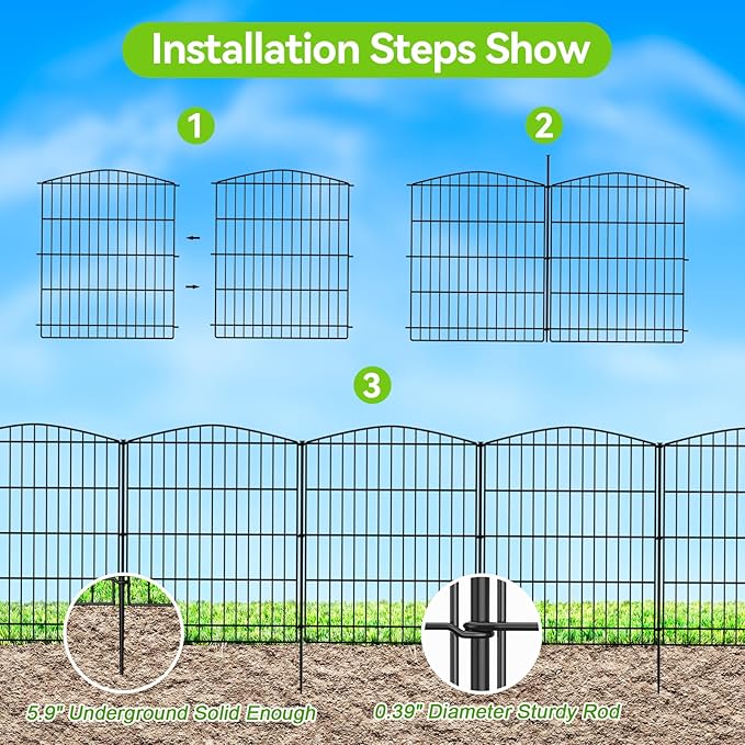 INJOPEXI Garden Fence 6 Panels 11.8ft (L)×30in (H) Decorative Garden Fences with 6 Panels Rustproof Wire No Dig Garden Fence Animal Barrier Fencing Outdoor for Backyard Patio - Without Fence Gate