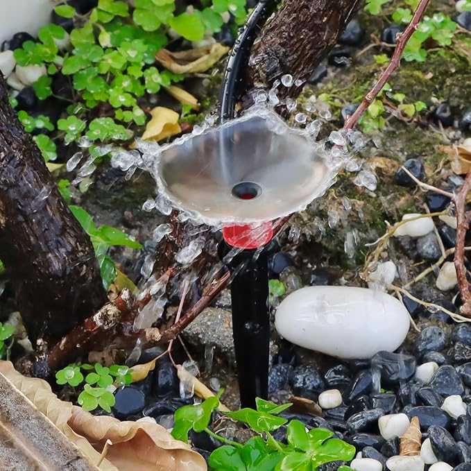 Kalolary 50PCS 1/4” Drip Irrigation Drippers with Lock, Drip Irrigation Emitters for 4/7mm Tube, Adjustable 360 Degree Vortex Water Flow Sprayer Micro Spray Drip System Parts for Lawn Yard Pot (Red)