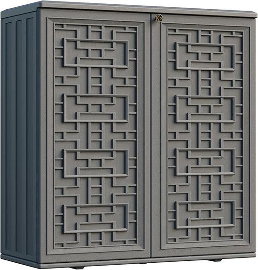 Indoor Outdoor Storage Cabinet Waterproof with Shelf,Plastic Storage Sheds Outdoor Cabinets for Patio/Garden/Backyard, Size 34.3''L*15''W*36.2''H（Gray）