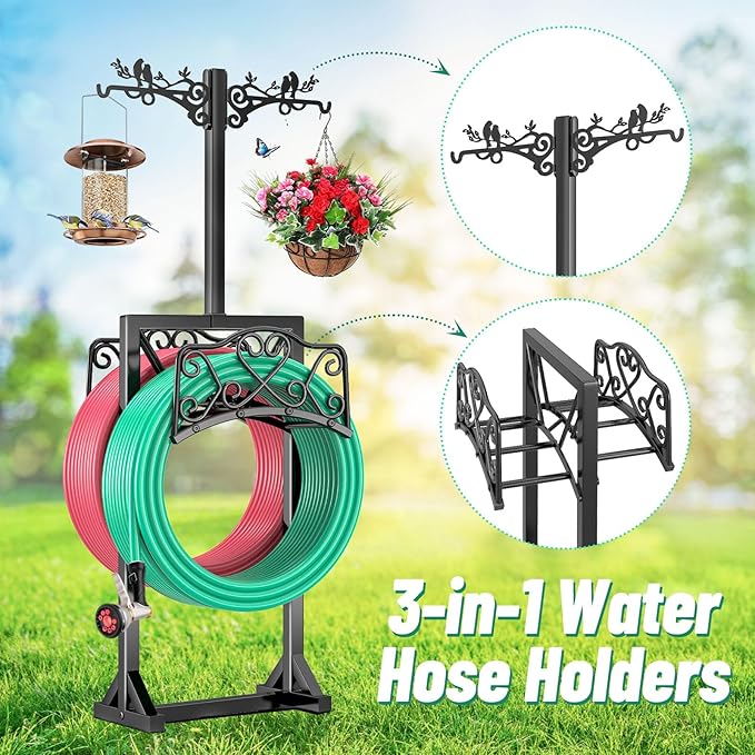Garden Hose Holder for Outside,Water Hose Holders with 2 Bird Statue Shepherds Hooks & 5 Spikes,Double-Sided Freestanding Hose Stand Heavy Duty Hose Storage Rack for Outdoor Yard Lawn Farm