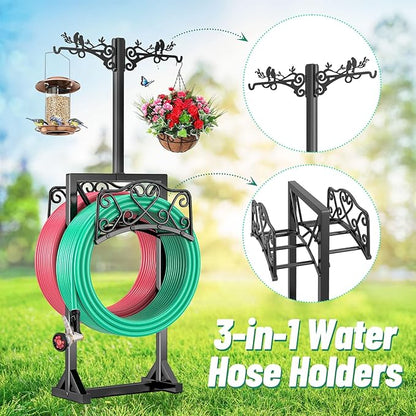 Garden Hose Holder for Outside,Water Hose Holders with 2 Bird Statue Shepherds Hooks & 5 Spikes,Double-Sided Freestanding Hose Stand Heavy Duty Hose Storage Rack for Outdoor Yard Lawn Farm
