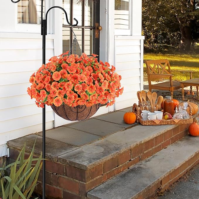 Artificial Faux Hanging Flowers Plants Basket for Outdoors, 12 Bundles UV Resistant Faux Outside Silk Morning Glory for Planter Realistic Artificial Flowers for Outdoor Porch Garden Patio, Orange