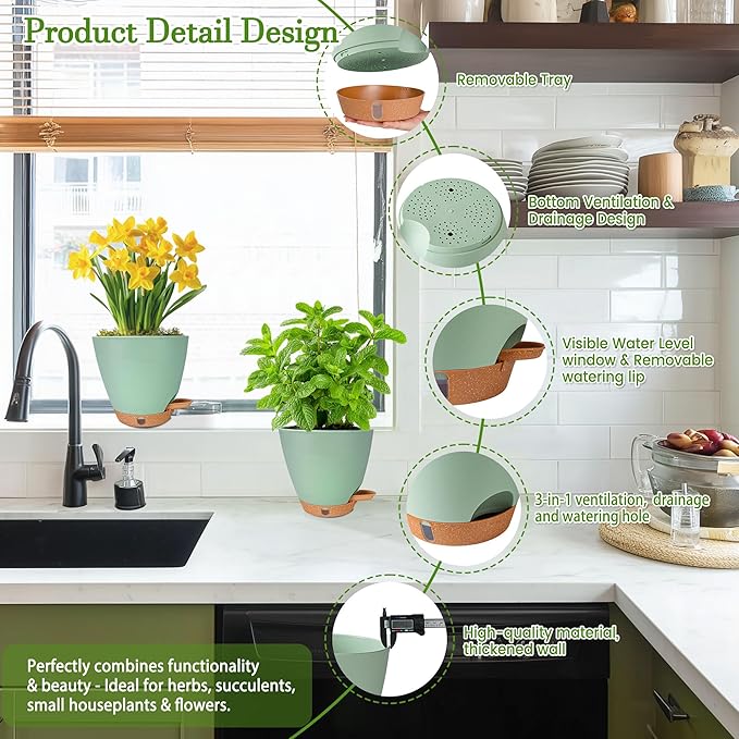 6 Inch Self Watering Pots for Indoor Plants (5-Pack) – Small Plastic Planters with Water Window, Drainage Holes & Trays, Indoor Outdoor Flower Pots for Herbs, Succulents, Home Garden Decor (Green)