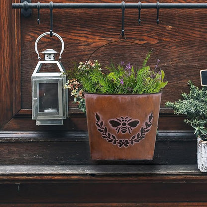 CVHOMEDECO. Farmhouse Wall Mount Metal Flower Pots Rustic Galvanized Bee Flower Holder Wall Hanging Pocket Planter for Indoor, Outdoor and Wall Decor, Set of 2 (Rusty)