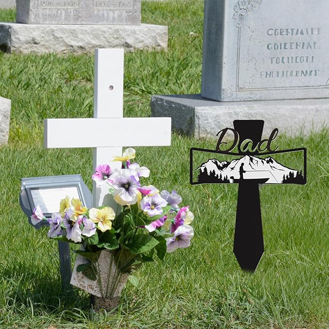 Dad Grave Decorations for Cemetery - Father Grave Markers for Humans Fishman Metal Memorial Sympathy Garden Stakes Plaques for Outdoors