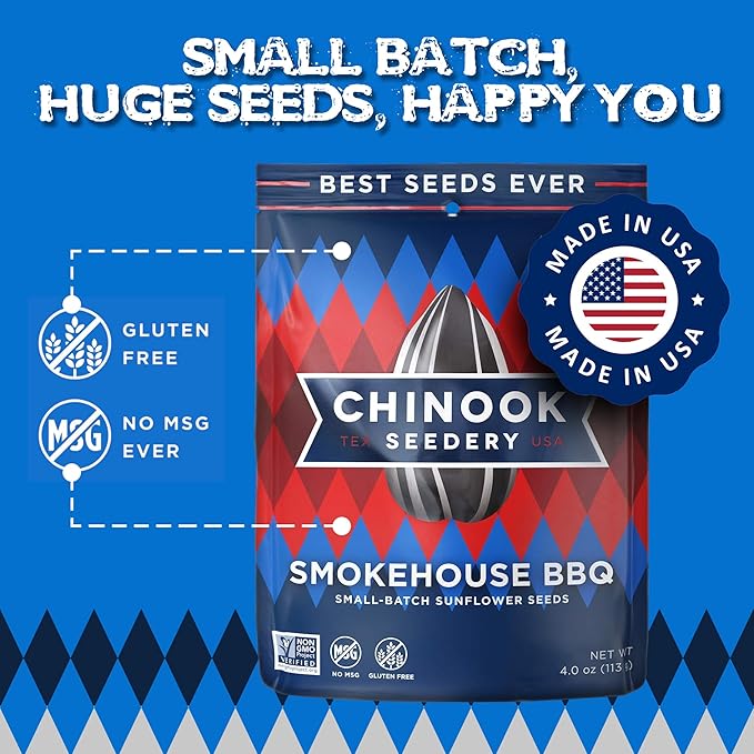 Chinook Seedery Roasted Sunflower Seeds - Jumbo Seeds Keto Snacks - Best For Snack Packs - Gluten Free, Non GMO Snack Food Gifts - 4 Ounce (Pack of 3) - Smokehouse BBQ Flavor Pack