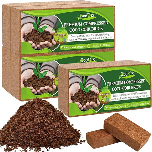 ZeeDix 5 Pack Coconut Coir Bricks, 100% Organic Compressed Coco Coir Brick Seed Starter Potting Soil for Plants, Premium Coconut Fiber Substrate with Low EC & pH Balance for Gardening Flower Herbs
