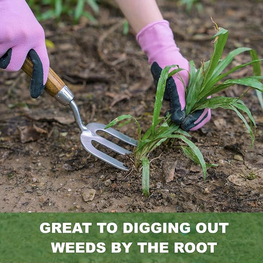 Garden Hand Fork, Hand Weeding Fork with Sharp Tine for Easy Uprooting Large Weeds, Stainless Steel Garden Fork, Comfortable Grip Wood Handle Hand Fork for Fast Weeding, Loosening Soil and Composting