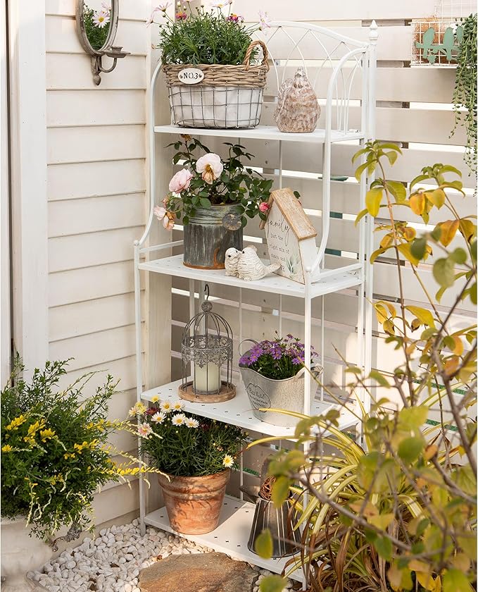 White 4-Tier Plant Stand with French Style Pattern, Indoor Outdoor Flower Shelf for Balcony Patio, Vintage Garden Decor with Lattice Design Plant Holder