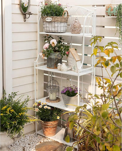 White 4-Tier Plant Stand with French Style Pattern, Indoor Outdoor Flower Shelf for Balcony Patio, Vintage Garden Decor with Lattice Design Plant Holder