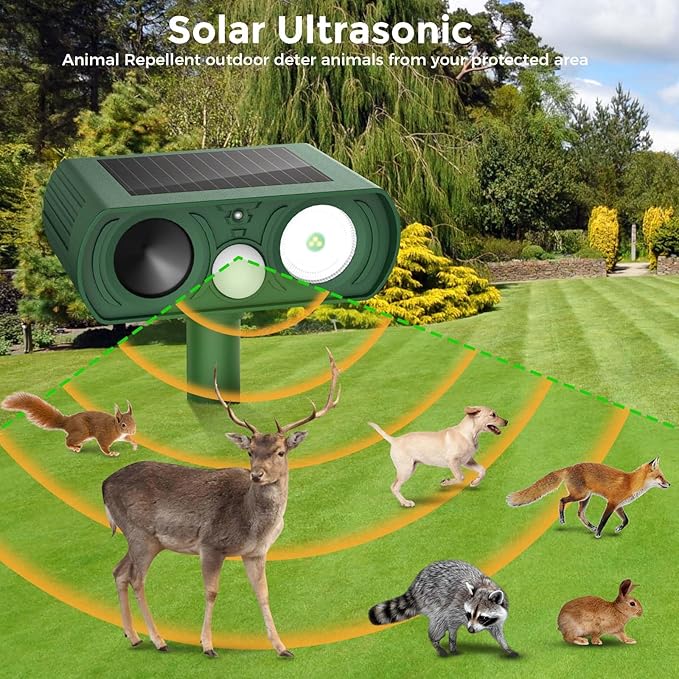 2026 Upgraded Solar Ultrasonic Animal Repellent Outdoor, Deer Repellent Devices Squirrel Cat Raccoon Rabbit Dog Deterrent, Keep Rodent Away Motion Detection with Flash Light for Yard Garden Lawn