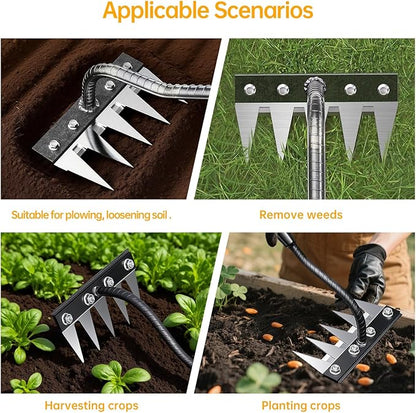 Iron Weeding Rake, 5-Teeth Detachable Gardening Hand Weeder Tool with Ergonomic Grip, Heavy-Duty Hand Weeder Puller Tool for Yard & Lawn & Flowerbeds