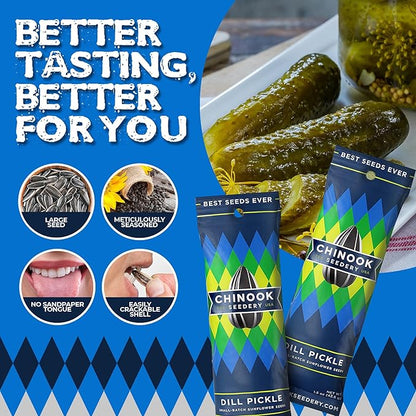 Chinook Seedery Low Sodium Sunflower Seeds – Dill Pickle Flavor, Pack of 36, 1.5oz – Sunflower Seeds to Eat – Keto, Jumbo, Roasted, Baseball Snacks