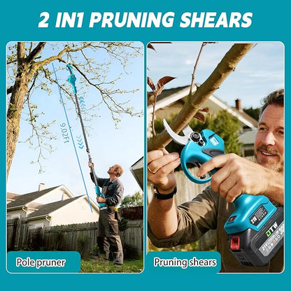 Electric Pruning Shears with Pole 1.4-2.0 Cutting Diameter & 2-IN-1 Electric Pole Pruner,2PCS 3.0Ah Batteries,Brushiless Motor,4 Modes Adjustable Branches Cutter for Flower, Tree Trimming (Blue)