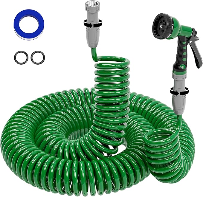 SPECILITE 3/8" Lightweight Coil Garden Hose 100FT, EVA Flexible Curly Water Pipes with 6-Pattern Spray Nozzle for Boat, Greenhouse, Yard, Patio, Green