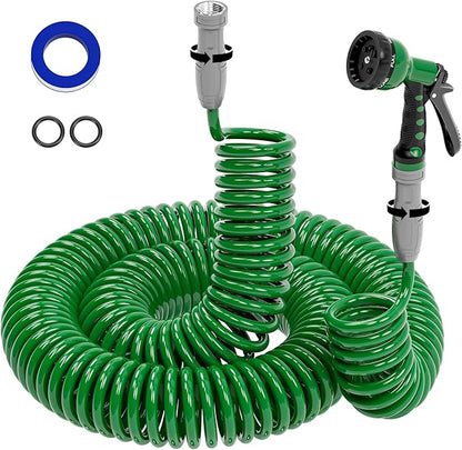 SPECILITE 3/8" Lightweight Coil Garden Hose 100FT, EVA Flexible Curly Water Pipes with 6-Pattern Spray Nozzle for Boat, Greenhouse, Yard, Patio, Green