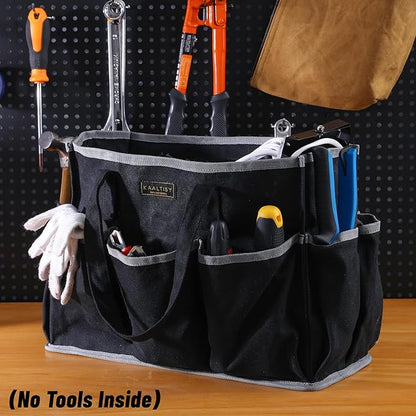 Canvas Tool Tote Bag, Heavy Duty 16oz Waxed Canvas Tool Storage Pouch with 1 Large Compartment & 10 Small Pockets | Multi-Purpose Garden Tool Bag for Horticulturists Mechanics Craftsmen – Black