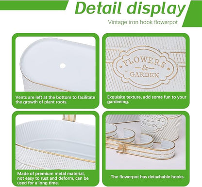 PerGar Vintage Metal Iron Wall Hanging Flower Pots, Rustic Planter Bucket Herb Flower Plant Holder with Detachable Hooks & Drainage Hole for Railing Fence Balcony Deck Garden Home Decoration, Set of 3