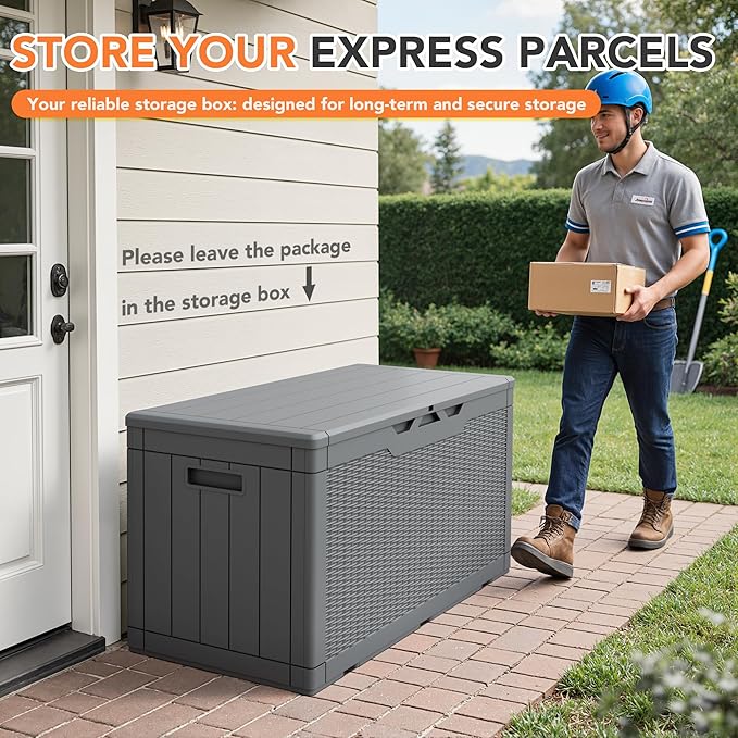 105 Gallon Deck Box Outdoor Indoor Waterproof Storage Box for Patio Furniture, Pool Accessories, Garden Tools, and Cushion Storage, Gray