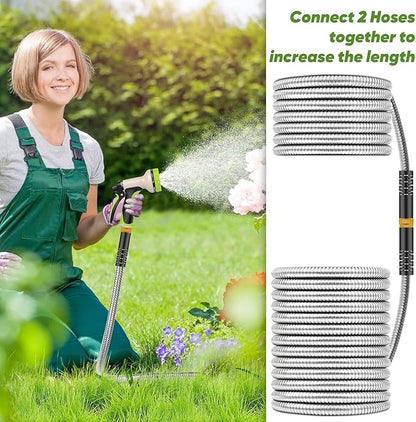 Garden Hose 150ft, Metal Stainless Steel Water Hose with 10 Function Nozzle Flexible, Lightweight, Kink-Free, Pet Proof, Puncture Proof Hose for Yard, Outdoor