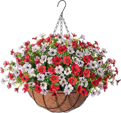 Artificial Silk Flowers Hanging Baskets Outdoors Indoors,Daisy with Eucalyptus Leaves Arrangement for Garden Yard Spring Summer Decor,Faux Green Plant in Metal Coconut Lining Flowerpot(Red and White)